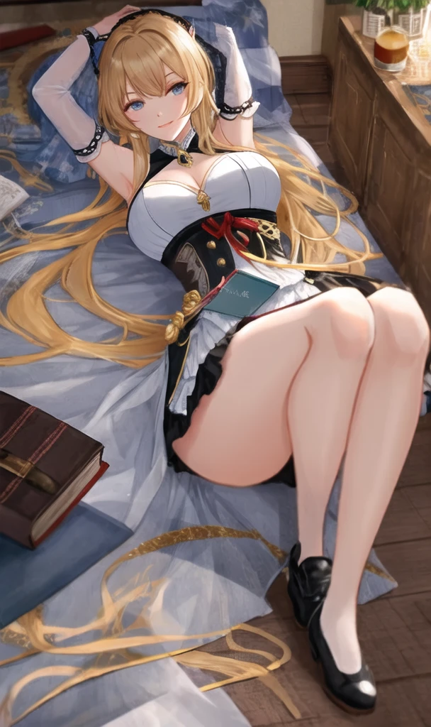 debris flies, highest quality, Highly detailed CG Unity 8K wallpaper, sexy witch , Long length hair、Dark blonde wavy hair、off shoulder knit, dark blue pleated skirt, stockings、medium breasts, saggy breasts, Pose that emphasizes the chest, blush, shy smile, bare shoulders, (((lift up the skirt with both hands、open your legs wide、please open your knees)))、、nice magic book、church bed、lying in bed、、light blue panties、light blue bra