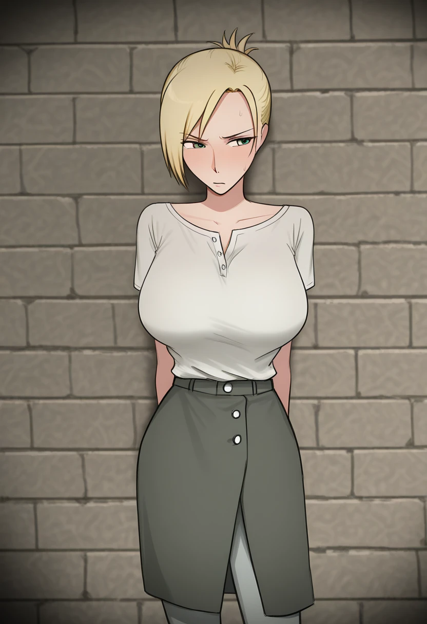 (best quality), (high quality),(masterpiece), (detailed), (high resolution), (Detailed face), (Android 18),  Classic look, One girl, alone, View your viewers, short hair, blue eyes, Blonde, clavicle, Bare shoulders, Hoop Earrings, Black Shirt, belt, Denim skirt, (Ultra mini skirt), brown boot, Cleavage, (medium breastst), (erect nipples), ((Exposed breasts)), stantting, ((red horizontal stripes panties)), (show off panties), (skirt lift), Cowboy Shot, cigarette, City 
