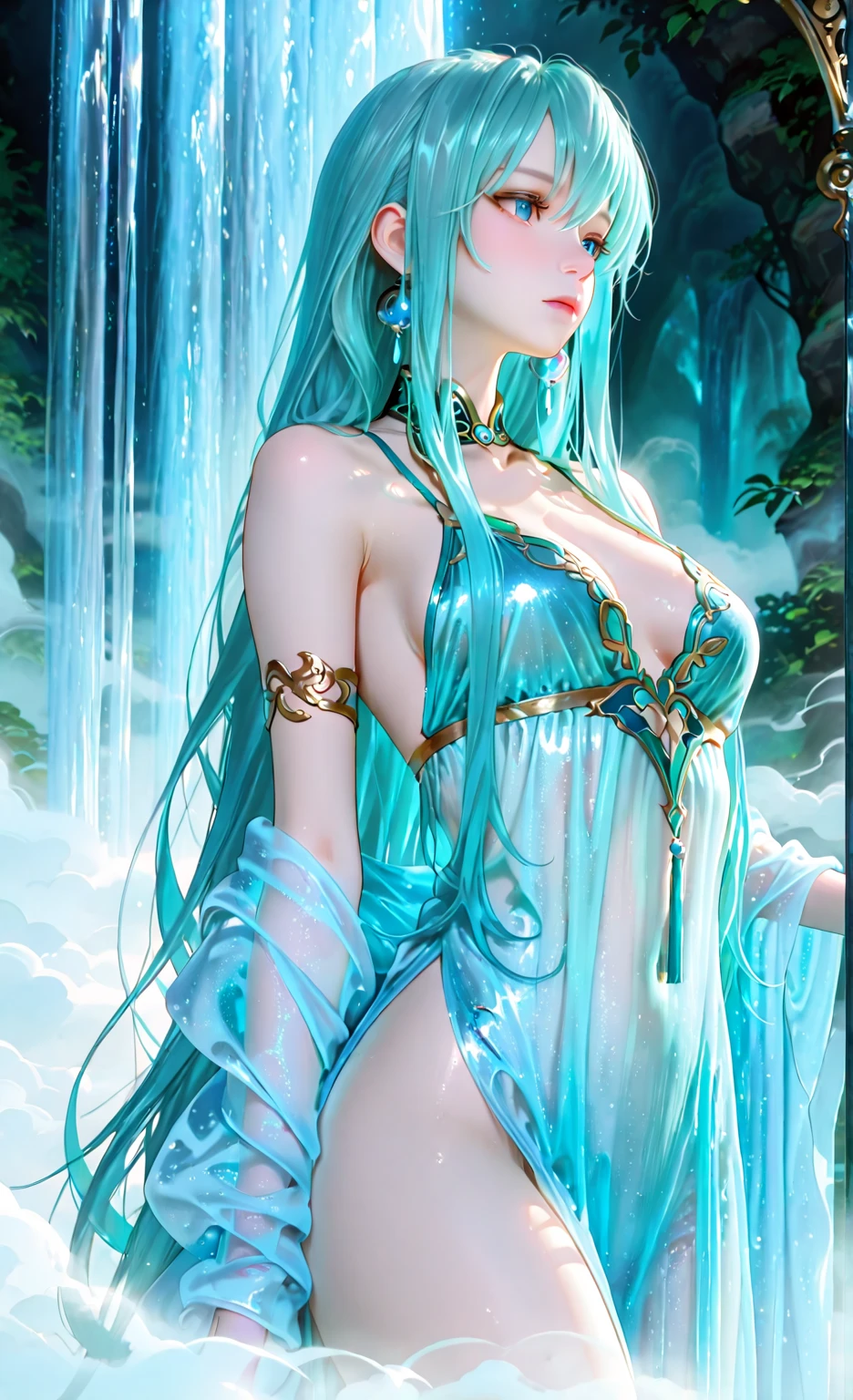(RAW shooting, Dynamic flow of water waves:1.2, 32k:1.5, highest quality, masterpiece, Ultra-high resolution), (Sea of night:0.7, moonlight:0.7, Mystical Expressions:1.3, Expressions of sadness:1.0), Perfect dynamic composition:1.3, 非常にdetailedな肌と顔の質感:1.3, (Slim Mermaid:1.3, Mermaid tail), Looking up at the viewer, Fair skin:1.2, Incredibly slim body:1.2, Fractal Art:1.1, Very beautiful face:1.1, Water droplets on the skin, detailed, (Rain drips down on my body:0.9, Wet body:0.9, Wet Hair:1.0), (Posing Pro:0.9, With a wet bouquet:0.9, Gorgeous iridescent mermaid dress portrait:1.1, Woven Belt), Shapely breasts, (Big eyes that exude beautiful eroticism:0.5, Lips that exude beautiful eroticism:0.5), Totally captivates you, Very sweet atmosphere, necklace, Earrings, bracelet