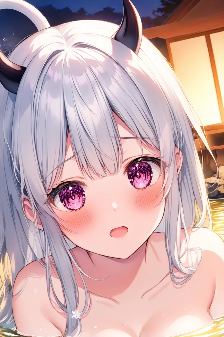 1 garota, kannakamui, bikini, dragon horns, hands on own cheeks, :o, contas de cabelo, twintails baixos, brilhar,