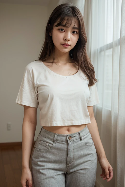 8k portrait ,realistic cg.Thai woman, 10 years old Beautiful, clear, smooth face, sharp eyes, prominent nose, chubby mouth, long, flowing blonde hair..Wear a high-waisted, wide-necked, tight-fitting shirt and shorts.