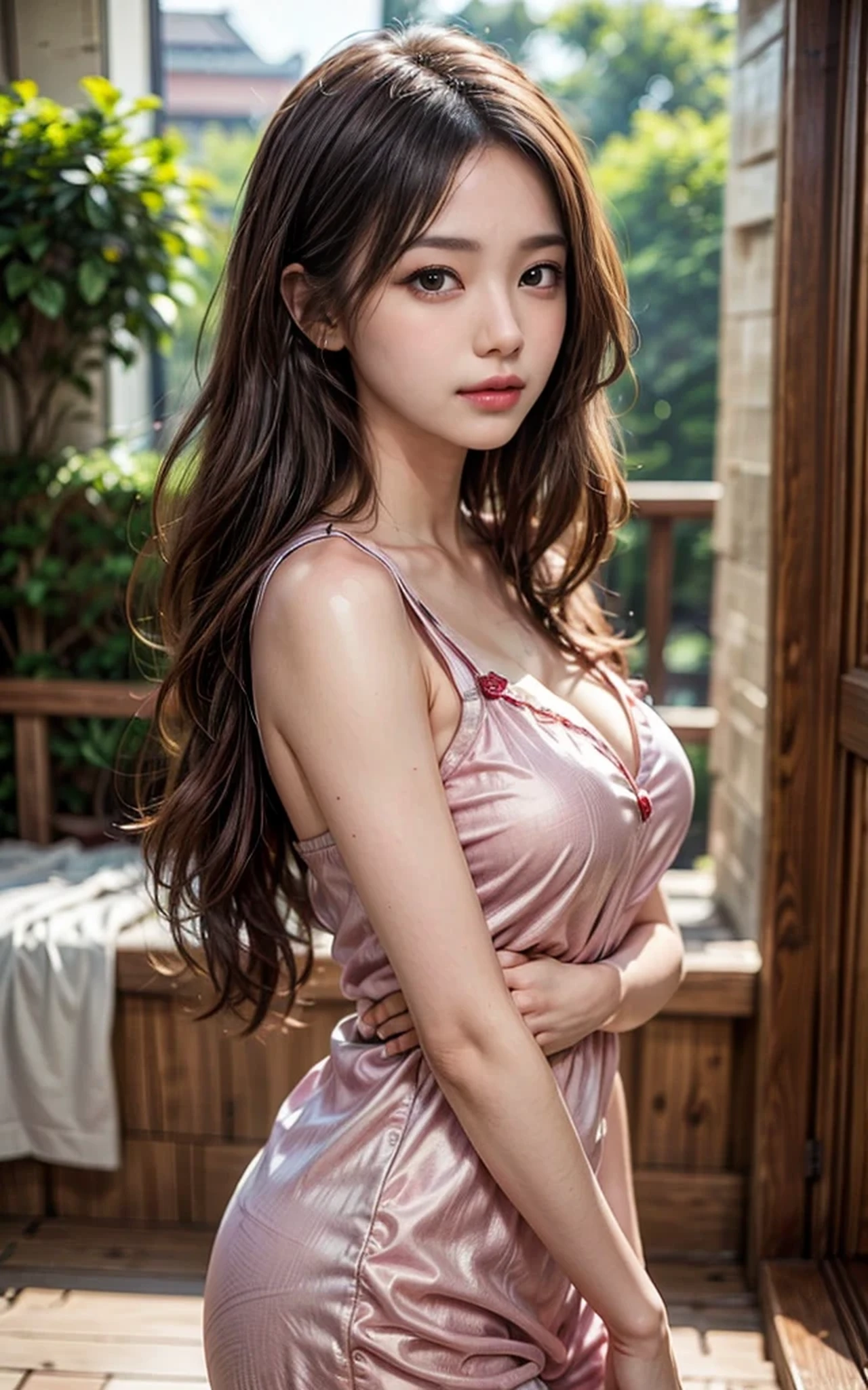 RAW shooting、Photorealsitic、masuter piece、one girls、a baby face、Very cute、Slender and beautiful、((small tits:1.2))、7Head and body、Meticulously drawn eyes、Attractive eyes、Twin-tailed、bangss、a choker、Beautiful colored dress、Chess gangte sleeveless dress with bold opening、Anguished poses、Luxurious room、blurry backround