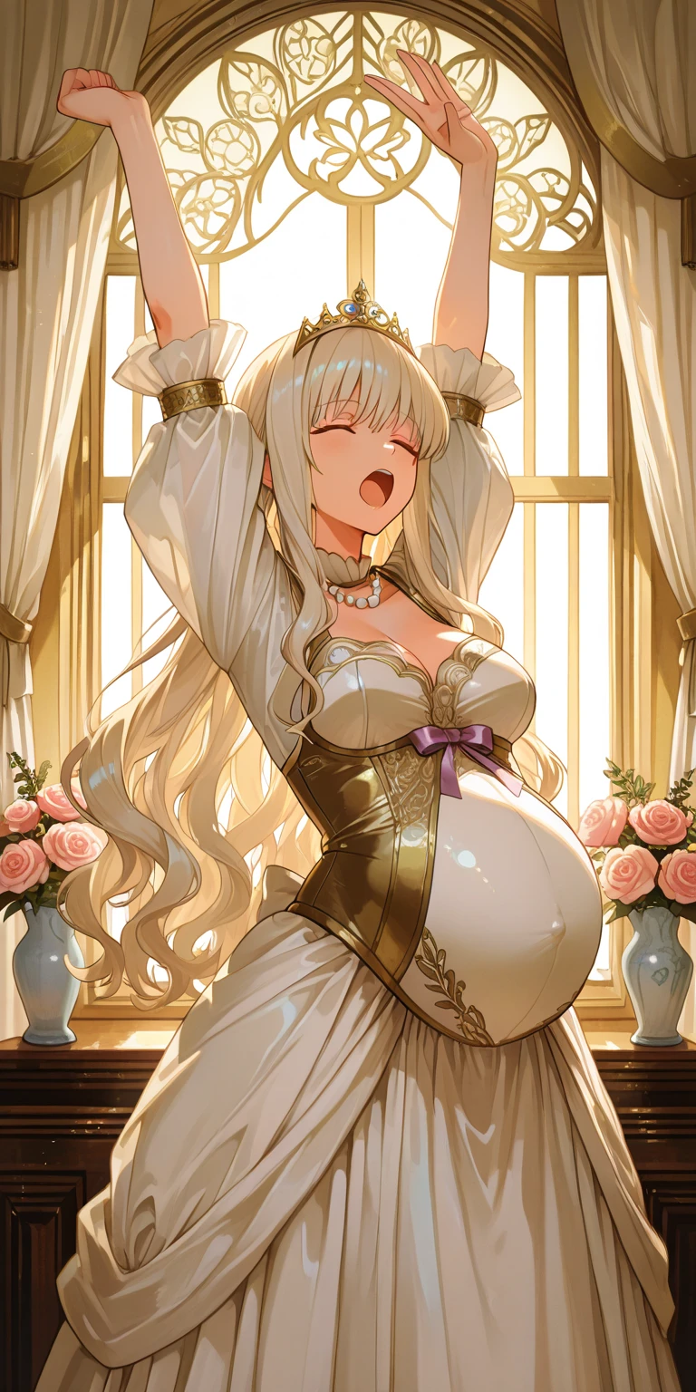 ultra-detailed, extremely detailed,((anime artstyle)),Masterpiece,(Best Quality),(Super Detail),(Very Delicate and Beautiful),((Solo)),(((full body))),full body,((detailed face and eyes)),perfect eyes, rendered eyes,jewel-like beautiful eyes,((embarrassed,blush)),((1 pregnant queen in beautiful embroidery and jeweled gorgeous rococo ballgown with voluminous full length hoop skirt)),(((heavily pregnant))),((Crinoline,luxurious ruffles)),beautiful embroidery and jeweled gorgeous rococo ballgown with voluminous full length hoop skirt,(large amount of straight hair,extremely voluminous Very Long straight Hair,Absolutely Long Straight Hair),(((very gigantic boobs))),skindentation,Bursting breasts,cleavage,((fantasy castle,luxury palace)),long_gloves,extremely gorgeousfull jeweled hair ornament,(bling-bling extremely gorgeousfull jeweled tiara),(luxurious jewelry),full body,beautiful embroidery and jeweled gorgeous rococo princess ballgown with voluminous full length hoop skirt