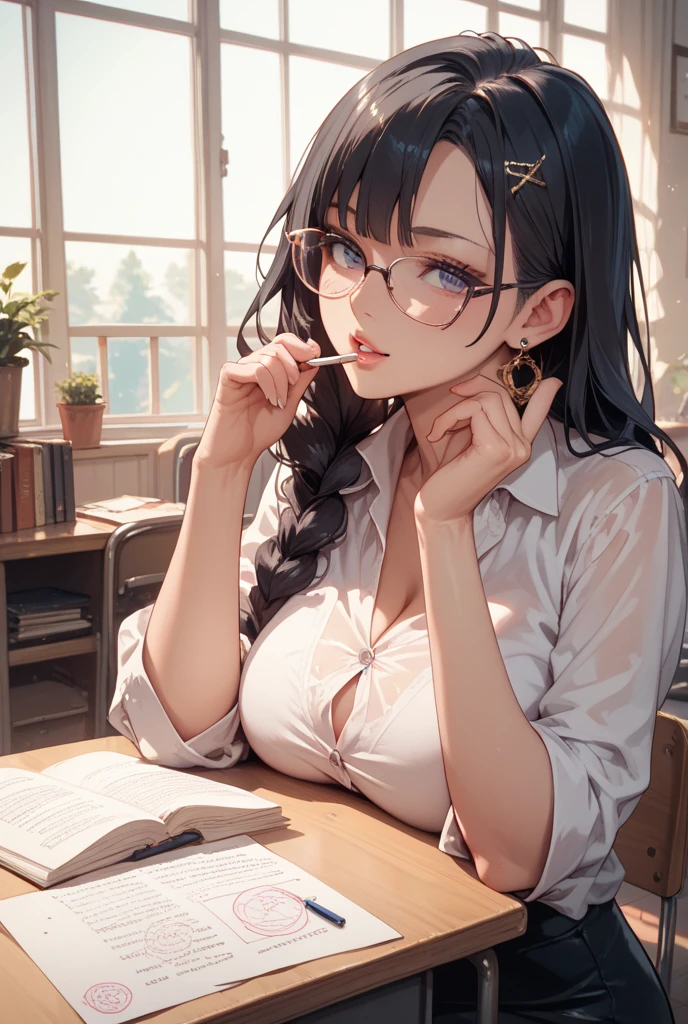 A beautiful female college student, screen in front of window, Overlooking the city projected on the screen, cafe, window behind white desk, city view, overlooking the cityscape, notebook, Holding a pen in one hand, glasses, black hair, midsummer loungewear, cool clothes, ((skin under one armpit)), ((flank skin)), intellectual atmosphere, dark lighting, knowledge, scholarship, study tools, enthusiasm, calm environment, taking notes, enthusiasm, immersion, inquisitiveness, research, concentration, sense of accomplishment, pursuit of knowledge, academic pursuit, academic inquisitiveness, cinematic lighting, Sony FE GM, masterpiece, top quality, 4K, academic atmosphere, (masterpiece), (best quality), ultra-high res, sharp focus, beautiful detailed hair