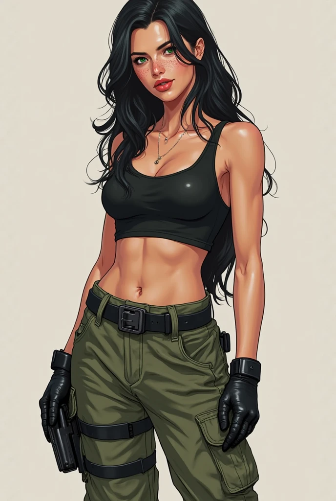 Create a girl who is 1.70, with bushy eyebrows, tanned skin, profiled nose, full lips, toned legs and body, that is dressed for the military, with a gun in his hand, with dark hair and blue eyes, His age is 26 years old, is an American, make it realistic 