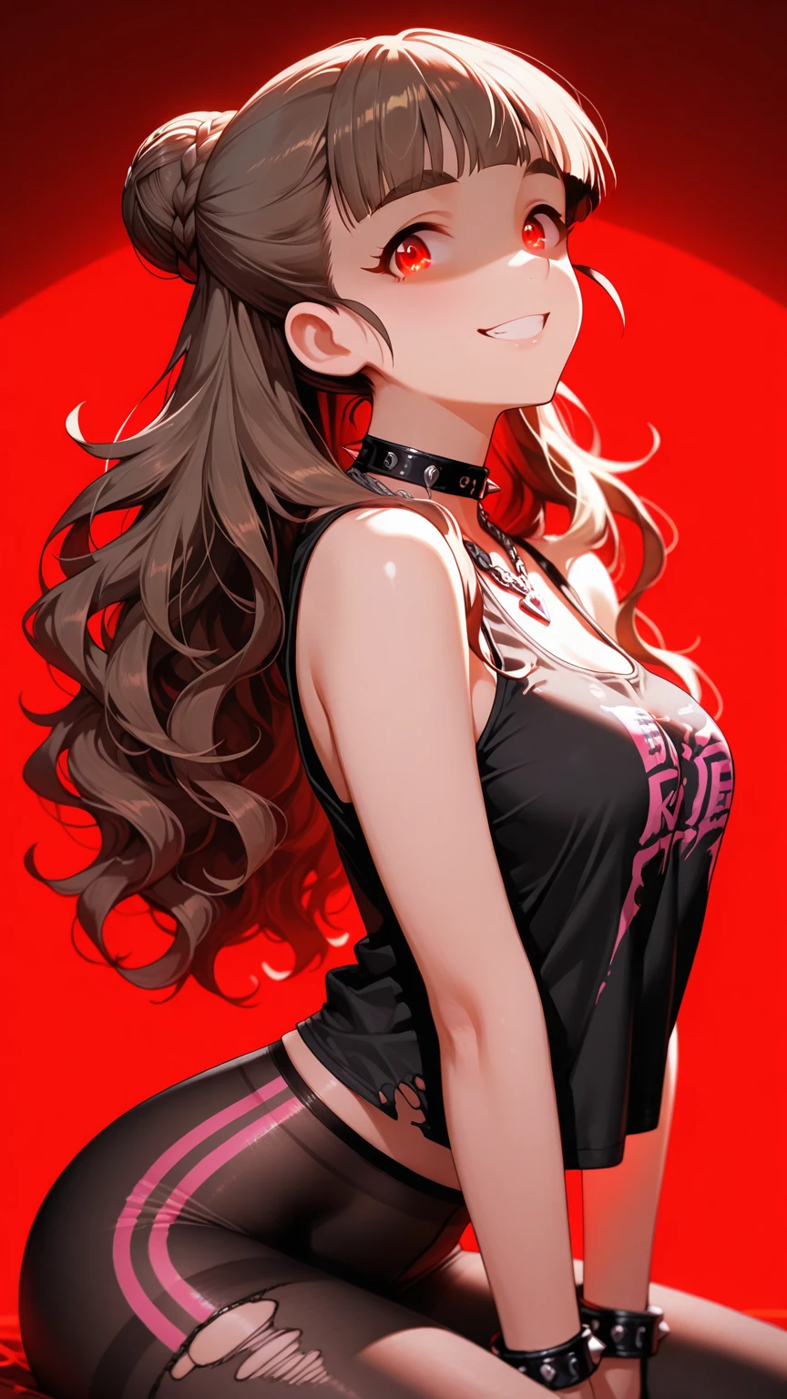 A beautiful adult woman with shoulder-length long hair, big breasts, beautiful legs, and a sharp face stands with an erotic expression on her face, wearing a black tube top that exposes her navel and black panty-like hot pants. Masu。