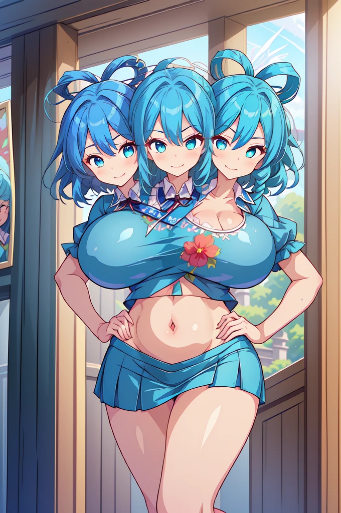 (masterpiece, best quality), best quality, best resolution, (ultra-detailed), (3heads:1.5), 1girl, (seiran:1.3), three heads masterpiece, ultra quality, ultra resolution, best quality, ultra detail, periwinkle top, crop top, ((stomach)), midriff, ((groin)), periwinkle skirt, miniskirt, normal ears, shackles, dark blue hair, tied in two bushy ponytails, short hair, wavy hair, smiling, red eyes, parted lips, rabbit ears, sweat, cute, toned belly, hand on own chest, eyelashes, (24 year old woman:1.3), (masterpiece:1.5), (best quality:1.5), (beautiful detailed), extremely detailed CG, extremely delicate and beautiful, depth of field, (finely detailed face), (perfect details:1.2), (mature female:1.3), wide pelvis, slender, large veiny breast, 16k resolution, highres, high quality, high definition, extremely detailed, masterpiece, dark blue hair, tied in two bushy ponytails long hair, alluring presence, twin braid, short skirt, close up, very big breasts, huge breasts, young, rabbit girl, girl with three heads, three headed girl, 
