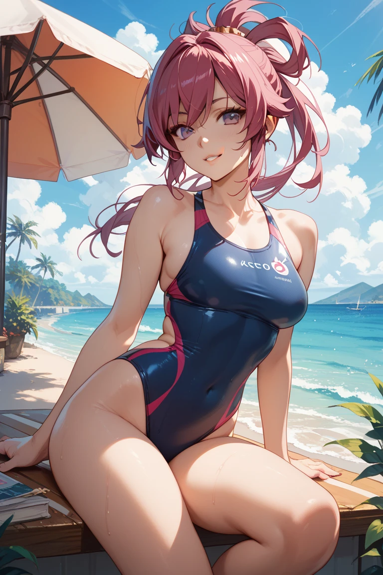 creates a 25-year-old anime girl with a red swimsuit carrying her wide-hip breasts and large breasts with pink hair and green eyes, en un paisaje de playa con palmeras