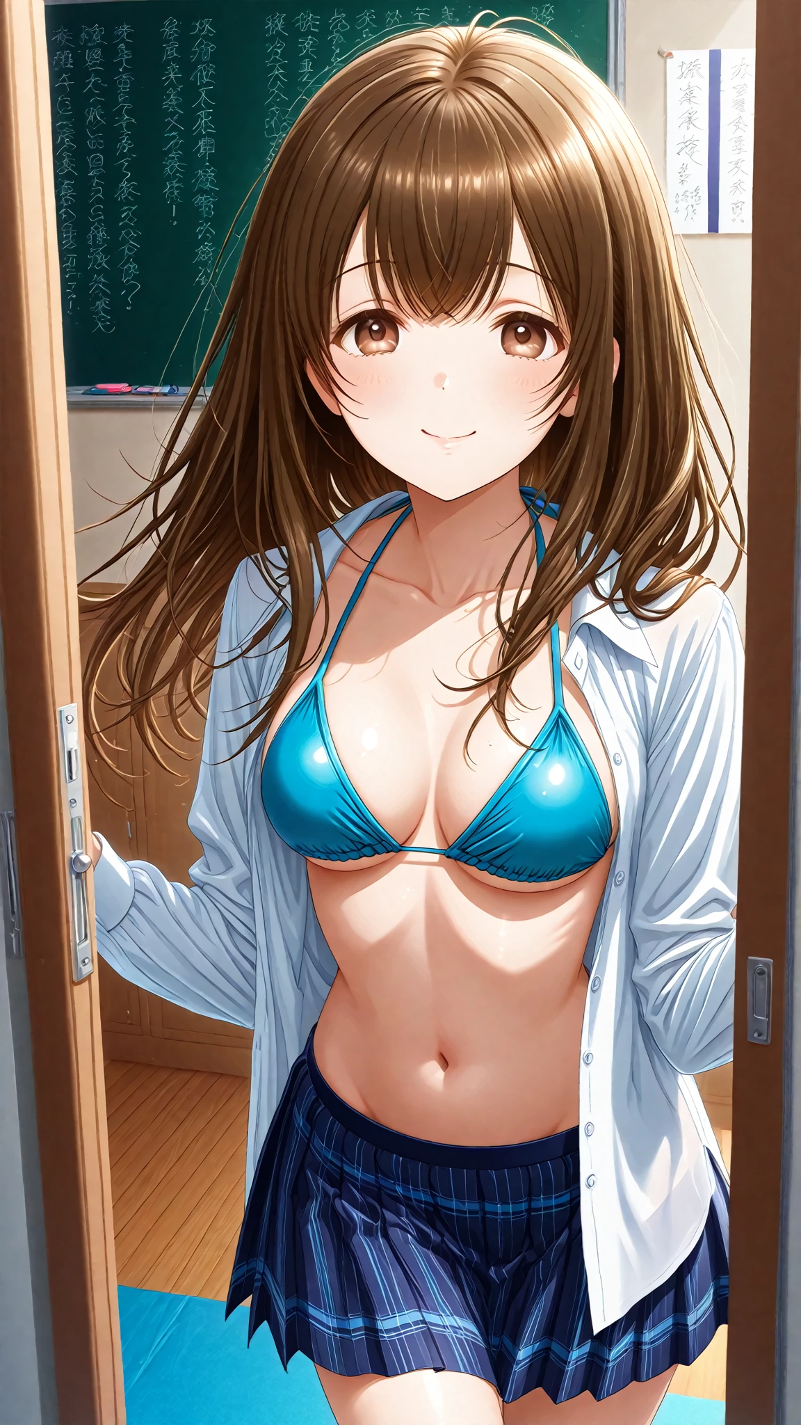 Tokai Teio \(umamusume\), ((Highly detailed eyes)), masterpiece, Highest quality, (abnormal body, Small breasts, (Horse tail) ,smile, blush, (indoor, office, living room), whole body, frontage, Long ponytail, (Striped panties), (Striped bra), (In underwear), (Flashy underwear), (lingerie), 