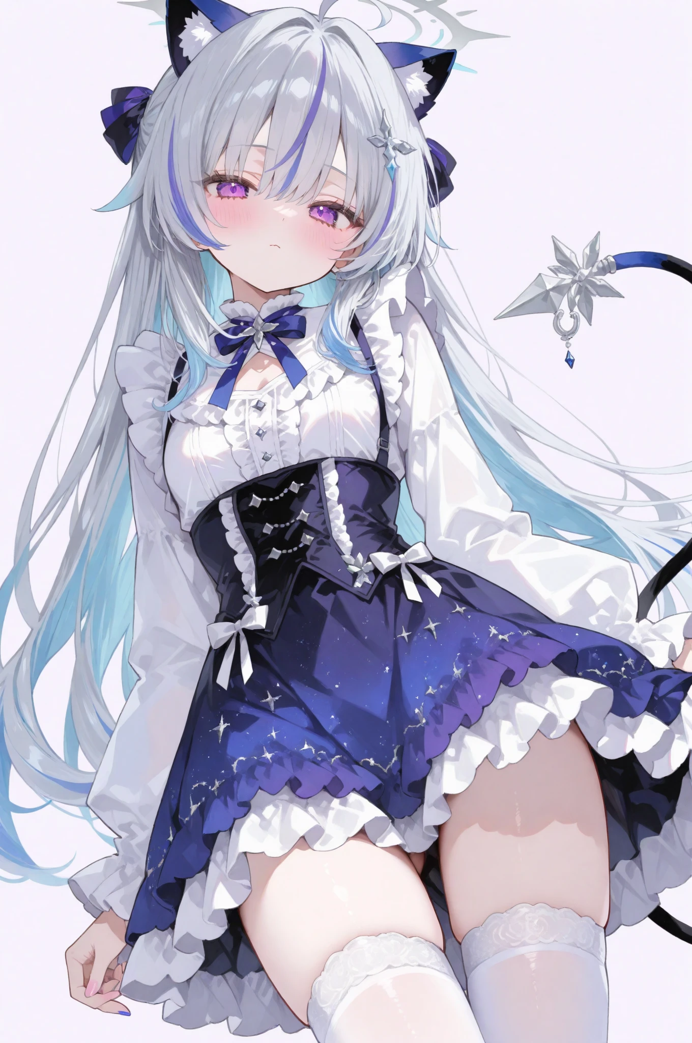 (🖐️:1.3)+/+/(Sakimori_Kagami:1.2)+/+/(1 girl:1.3)+/+/(loli:1.3)+/+/(lass:1.2)+/+/(A cup:1.2)+/+/(white_lace-trimmed dress:1.4)+/+/(long_dress)+/+/(illustration)+/+/cinematic angle+/+/Soft Lighting+/+/caustics+/+/Raytracing+/+/ultra-detailed+/+/disheveled hair+/+/right human structure+/+/(solo)+/+/(beautiful detailed face:1.3)+/+/(beautiful detailed hair:1.3)+/+/(silvery_hair:1.2)+/+/twin braids+/+/(ahoge:1.2)+/+/(long_hair)+/+/(blue_eyes)+/+/(beautiful detailed eyes:1.2)+/+/(shiny skin:1.3)+/+/(beret:1.2)+/+/(bare_legs:1.3)+/+/(galsses:1.2)+/+/sitting,(😉:1.3),(Leg loop:1.2),(shoes:1.2),nature,(Loose hair:1.3),((masterpiece)), (((best quality))), ((ultra-detailed)), ((illustration)), ((disheveled hair)), ((frills)), (1 girl), (solo), dynamic angle, big top sleeves, floating, beautiful detailed sky, on beautiful detailed water, beautiful detailed eyes, overexposure, (fist), expressionless, side blunt bangs, hairs between eyes, ribbons, bowties, buttons, bare shoulders, (((small breast))), detailed wet clothes, blank stare, pleated skirt, flowers_x0005_