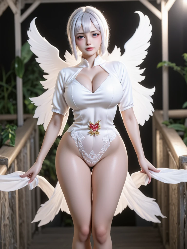 Sweet expression, kneeling, hands between legs, white glasses, white short hair, (8k, RAW photo, photorealistic:1.25) ,( lip gloss, eyelashes, glossy face, glossy skin, best quality, Super high resolution, depth of field, chromatic aberration, caustics, wide light, natural shadows, Kpop idol) looking at viewer with serenity and goddess-like bliss, full body, big breasts, white underwear, black stockings, see-through shirt, white shirt, angel