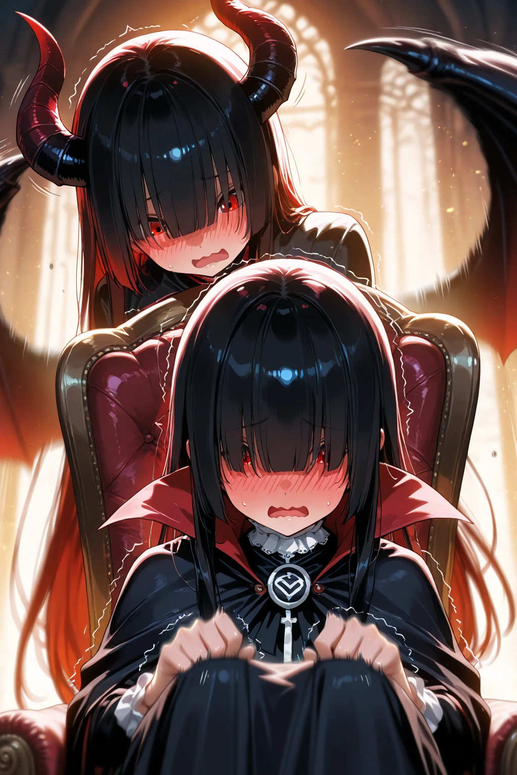 in a cage、Restrained with collars and chains、sharp, Thick and long fangs are visible from the mouth、Two vampire girls、twinsies、red eyes、