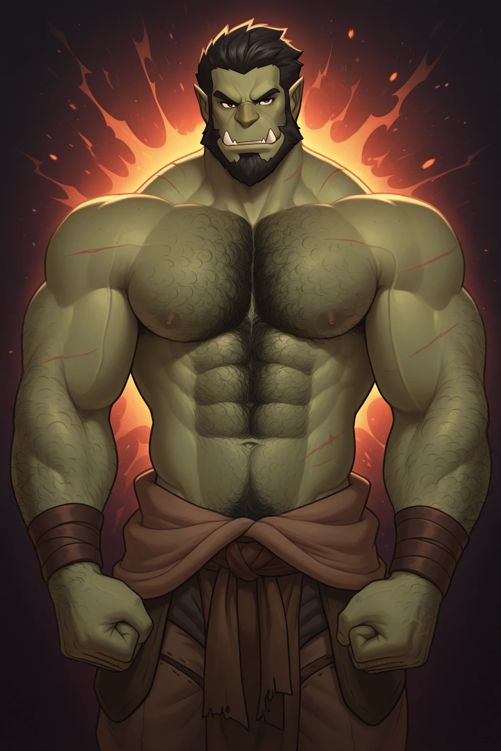 Before and after. A man in front of a bonfire transforms from human into an Orc. Hyper muscles. Loin cloth. Big bulging crotch. Hyper crotch bulge. Hypnosis. Brainwashing. Brainwashed. Hypnotized. Growing tusks. Tribal orc warrior transformation. "Drums ... can't ... think. I ... Me ... Orc.... Lok'tar...." Growing muscles. thick brow ridge. Dumber and dumber. Brute. Human to orc.