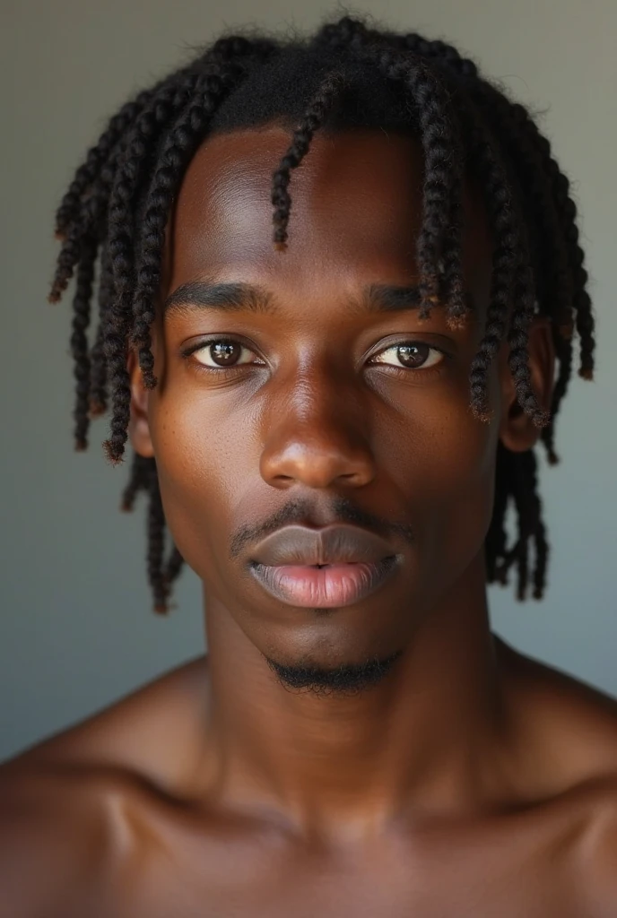 African American brother, built physique, multi color eyes, serious expression, dark brown hair braided with sides of his head clean shaven wearing a weighted casual outfit, age in the mid 20's