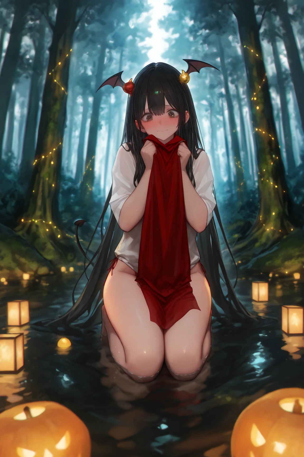 one girl,empty eyes,red ribbon,cowboy shot,squatting,spread legs,extremely young girl,extremely emaciated girl,very young,nudity,front shot,flat chest,twin tails,black hair,do not hide with hands,no clothes,open vulva,from below,extremely,topless,bare foot,masterpiece,erected nipples,10yo girl,vagina,love juice,thick vulva,spread vagina,defecation,little poop,real anus