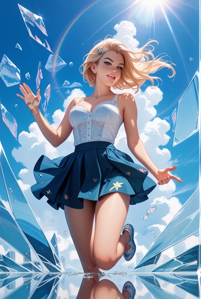 Absurd resolution, high resolution, (masterpiece: 1.4), super detailed, girl alone, from above, future, psychic powers, legend, universe, floating, blonde, petite, short hair, space-time, long boots, white and blue costume, elbow-to-elbow gloves, gentle smile, wind blowing