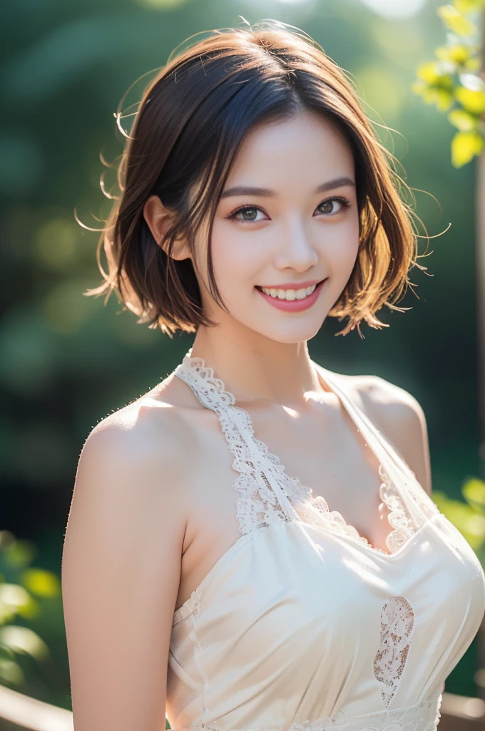 (sfw:1.5)、High resolution symmetrical images, (Close-up chest, Underarm, 胸のAngle from below), Blonde braids, short hair, ((Art Nouveau)), (Ecstasy Face), (Alphonse Mucha), Small earrings, ((on the road, wood, Buildings in medieval Europe)), Angle from below、(Anatomically correct)、(Perfect body proportions)、(Natural Hands、Natural Fingers)、(Breast Goddess, Woman born from flowers, ((Round face)), Realistic Eye Size, Droopy eyes, smile,I'm bathed in dazzling light