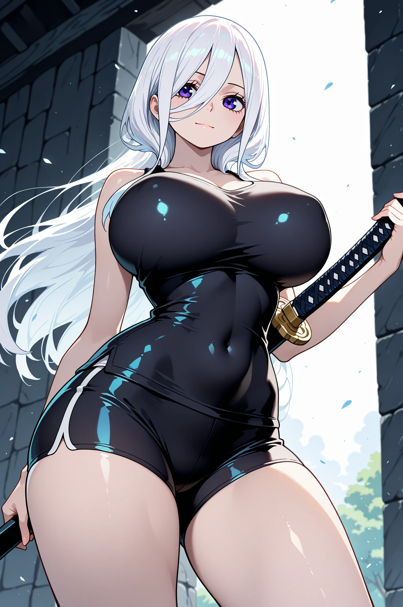 1 woman,(Best quality, 4k, Masterpiece: 1.3), beautiful Russian woman,detailed fingers,beautiful hands, hyper-realistic, 1girl, (sagging breasts, attractive body: 1.2), squats: 1.1, short white hair: 1.1, (wet rain, rain wet, wet body: 1.2), ultra-detailed face, detailed lips, detailed eyes, double eyelid, sensual plunging neckline dress, open neckline, drooping chest, side pose, visible curves, pool party, pool party, silver clear robe, sunglasses, muscular twisted leg