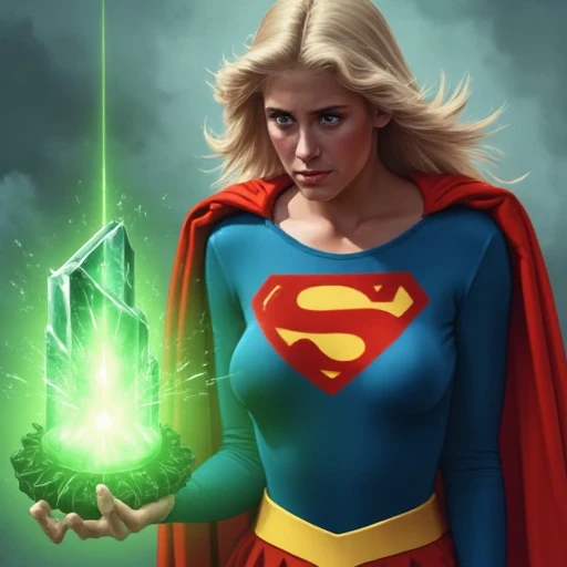 Epic realistic image depicting 1996 blonde beauty Supergirl with shoulder-length blonde hair wearing her iconic costume with red 'S' on a yellow diamond and blue skirt. Large breasts, full figure, perfect female figure. Supergirl lies on the ground, moaning in pain, as villains place pieces of glowing green kryptonite, the only substance which can hurt her, around her. She writhes helplessly in agony as one villain places a chunk of kryptonite on her body! Show the villains' hands and cruel mocking laughter as Supergirl's body bucks and heaves before them. Well lit. Side-on view.