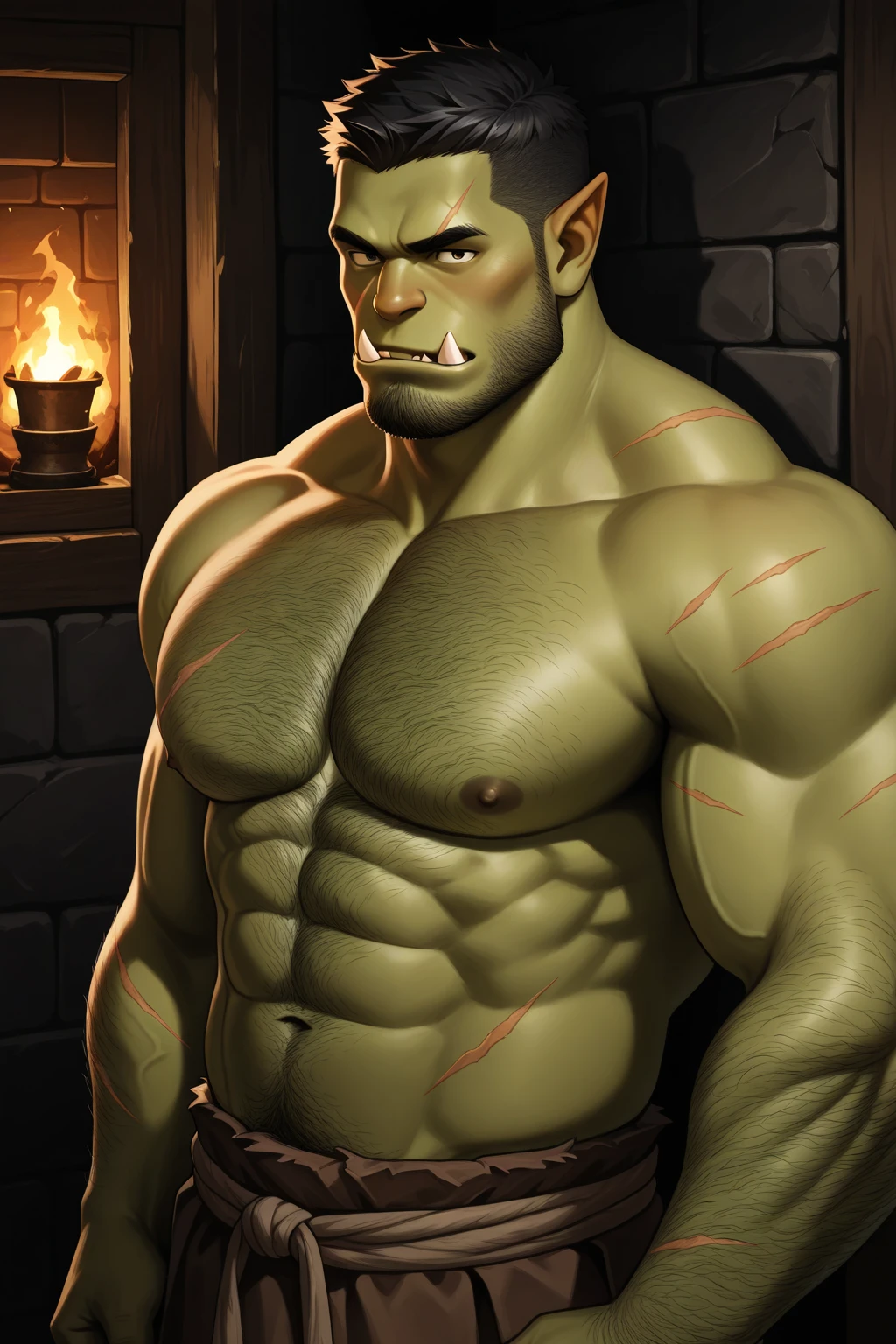 A man pinned by an Orc in a tavern brawl is gradually assimilated to become an Orc as well. Bahgtru. Dumber and dumber. Hypnotized. Dazed. Man to orc. Green skin patches. Tusks. Hyper muscles. Big biceps. Big triceps. Big traps. Broad shoulders. Thick meaty pecs. Big traps. Huge lats. Corruption. Dazed expression. Brainwashed. Hypnosis. Brainwashing. Hypnotizing. Hyper crotch bulge. Big bulging crotch. Human adventurer to Orc barbarian. Torn clothes. Broken belt buckles.