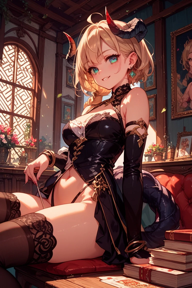 high resolution,１People Girls,beautiful girl,Full body close-up,The body is frontal,looking at the camera,Smile,Open your mouth a little,Sticking out tongue,ponytail,Blonde,blue eyes,Lingerie,Black Bra,Black underwear,Black garter belt,Black knee-high stockings,Tears overflow,Dripping saliva,Purple fingernails,Place your left hand on the sofa,Right hand touches lower lip,Sit on the brown sofa,Spread your legs,Both feet on the floor,lean back,On the left shoulder(Ｋ),Dimly lit room,Orange lighting,

