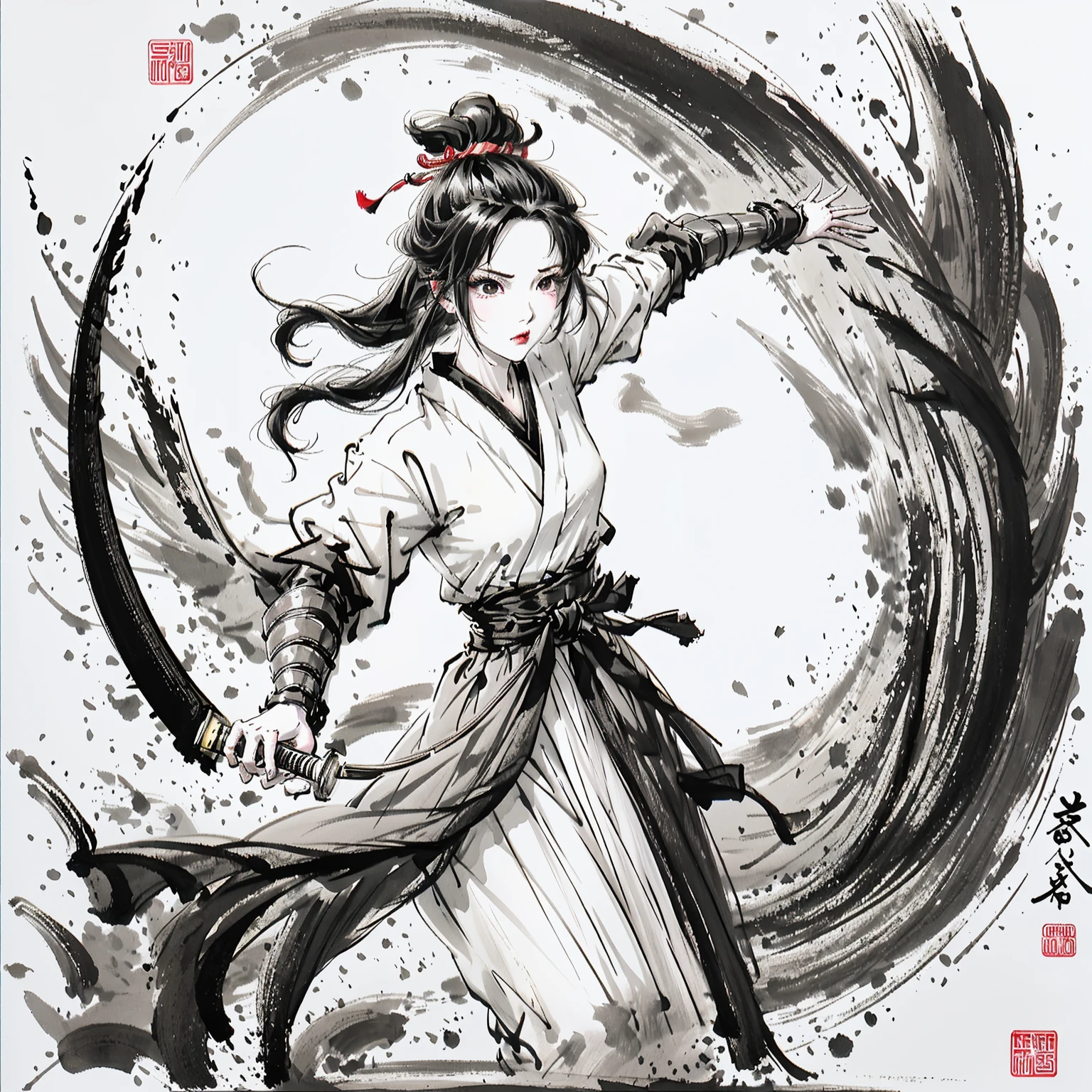 zydink, monochrome, ink sketch, asian (middle age woman), fighting stance, looking at viewer, long hair, floating hair, hanfu, chinese clothes, long sleeves, (abstract ink splash:1.2), white background