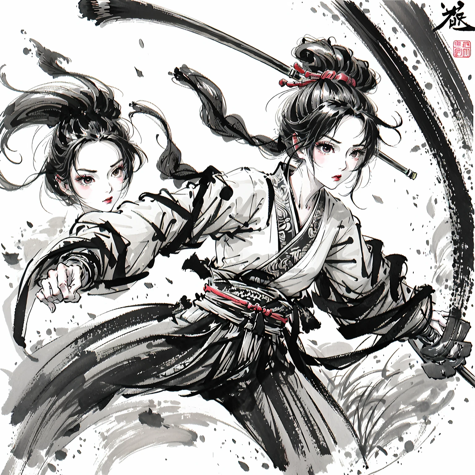 zydink, monochrome, ink sketch, 1 girl, chinese general (young girl), fighting stance, looking at the audience, long hair, floating hair, hanfu, chinese clothes, long sleeves, armor (abstract ink splash: 1.25), ((abstract ink splash: 1.2)) white background