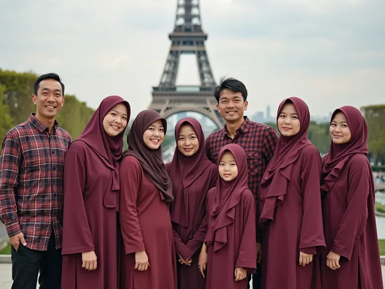 A family photo of four Indonesian people, consisting of a handsome 30-year-old man, a beautiful 29-year-old woman wearing a hijab holding a cute 1-year-old girl with very short curly hair, a 6-year-old girl wearing a hijab, they are standing on the street and wearing casual winter clothes, background of the Eiffel tower decorated with beautiful lights at night and snowing, selfie view, fish eye shot, low angle, photorealistic, high detail, ultra HD