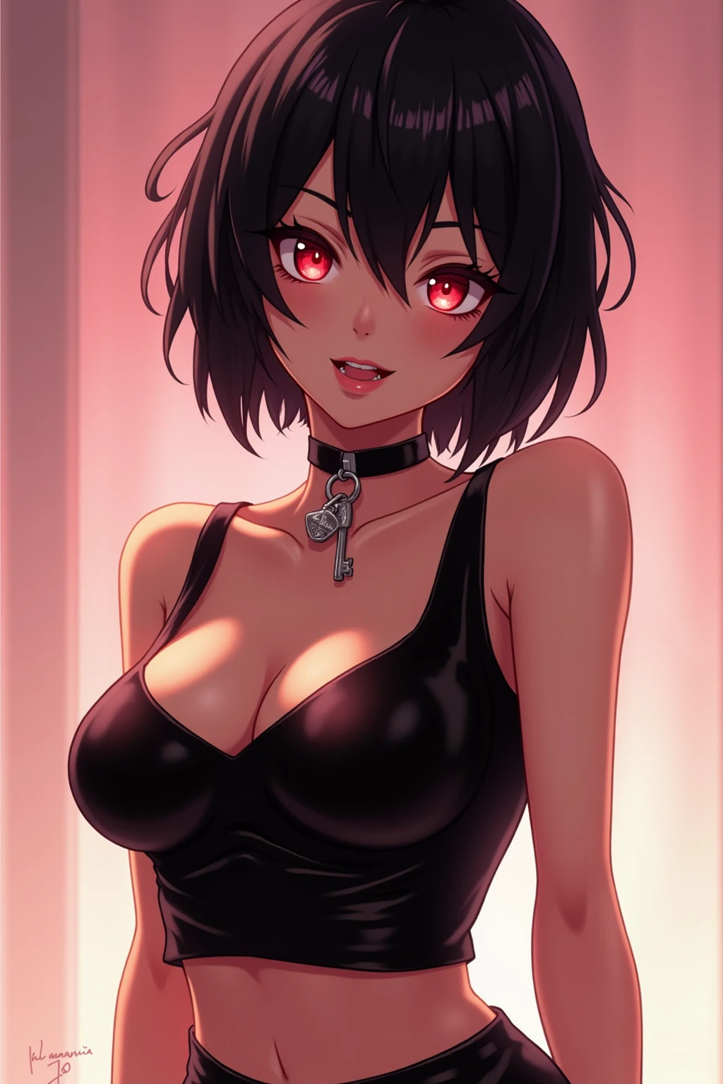 (best quality, ultra-detailed, photorealistic: 1.39), bright and vibrant colors, studio lighting, romantic expression, An effeminate girl, with a delicate and beautiful face. Beautiful and adult woman with her straight loose bob gothic style short hair matches the gothic makeup, her dark red eyes and mischievous smile, with her large seductive breasts, cleavage, dark style, strap, lace strapless blouse, short bob, dark makeup. She have a horny face, like a manwha character, chain details, in the living room, pose near the window, dark gothic lighting, black boots, seductive cleavage, manga style, anime features manga style, fully body , she is in love, like a manwha character style 