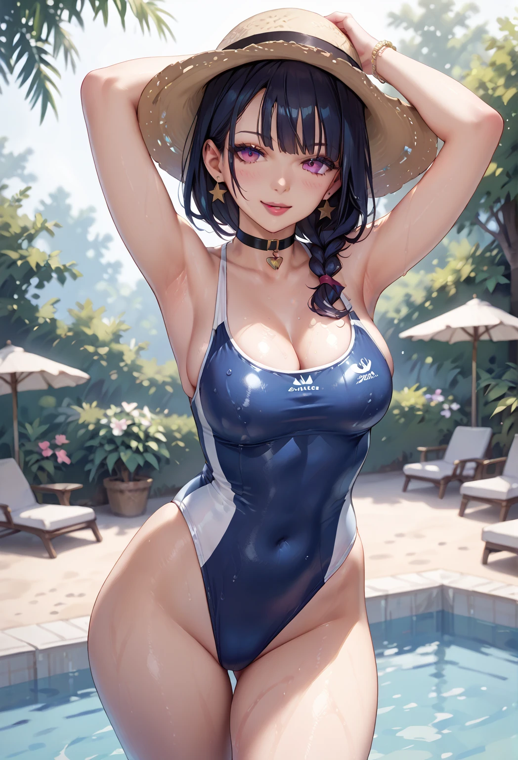 最high quality、Best image quality、masterpiece、With a girl((cute、16 years old、Best Bust、Medium Bust、Bust 85,Beautiful Blue Eyes、Spread your chest wide,Black Hair、Slender、The best valley、、Blue school swimsuit,Show the whole body、Blue Mesh,Leaning forward greatly,smile)）high quality、Beautiful art、background((summertime、Pool facilities、A large number of people々)),Tabletop、Exquisite design、Visual Arts、Depth of written boundary、Best lighting、Highest detail、8ｋ