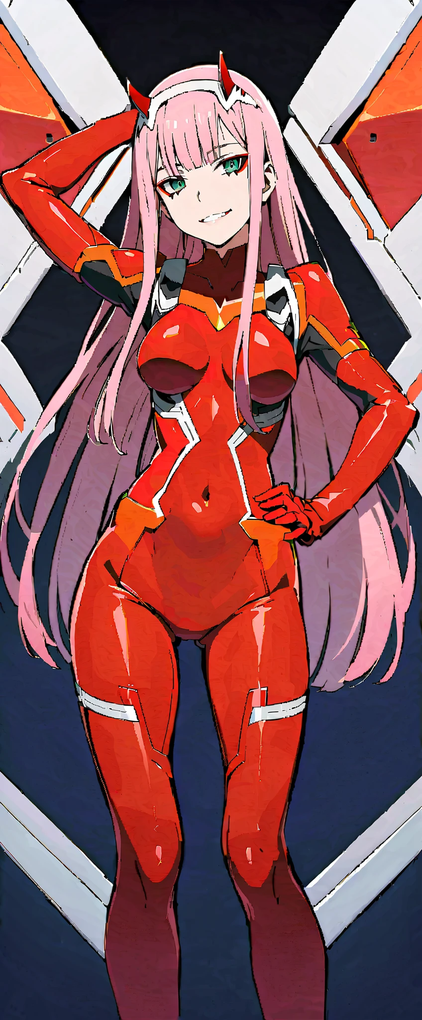 masterpiece, best quality, IncrsLowTier, electricity, glowing eyes zerotwo horns, hairband, necktie, red dress, pantyhose horns, hairband, red bodysuit, armlet, mecha horns, hairband, white bodysuit, white gloves, cap, red dress, white gloves, jacket on shoulders, pantyhose, cyber_armor body_suit,huge_breast, tall female, fulll body, sun light, smile,, sun aura,, boots, standing, smile, lips, red lips,,,{best quality}, {amazing quality} {best quality},{amazing quality},, {absurdres},{{highres}}, {very aesthetic}, {detailed}, curvy, tall, huge breast, character focus, white background,full-length portrait,, huge hips, huge muscles, huge thighs, curvaceous, venus figure,full body, full portrait