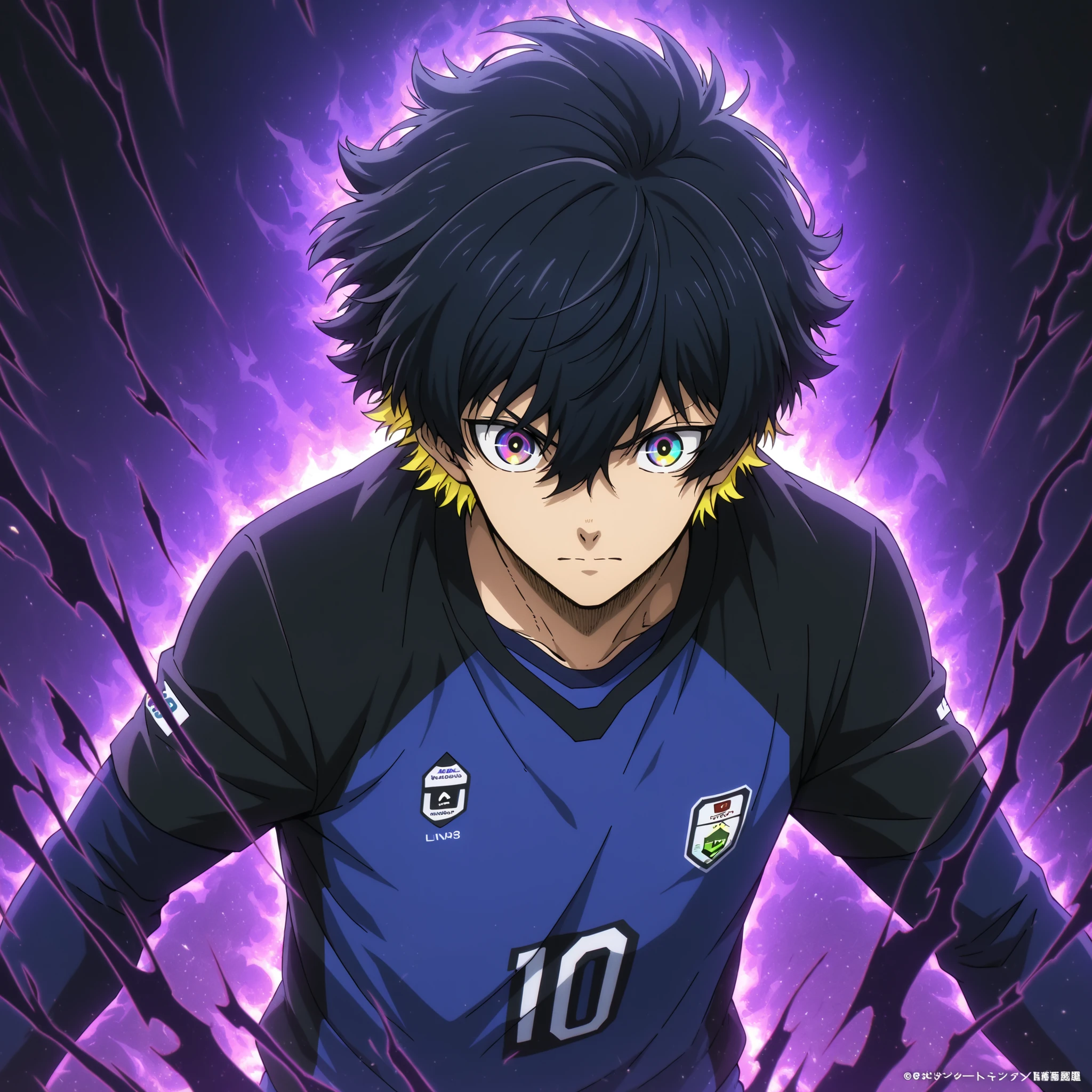 dark aura,blue_ lock_style,anime boy, soccer uniform ,shirt number 10, black hair hair ,blond highlights, multicolored eyes , aura of numbers