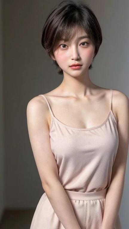 (8k, RAW photo, best quality, masterpiece:1.2), (realistic, photo-realistic:1.4), (extremely detailed 8k wallpaper), famous Japanese idol, 20yo girl, korean model, slender face, detailed face, perfect female body, toned, medium short hair, messy hair, Blunt Bangs, light brown hair, Camisole, (smug:1.2),