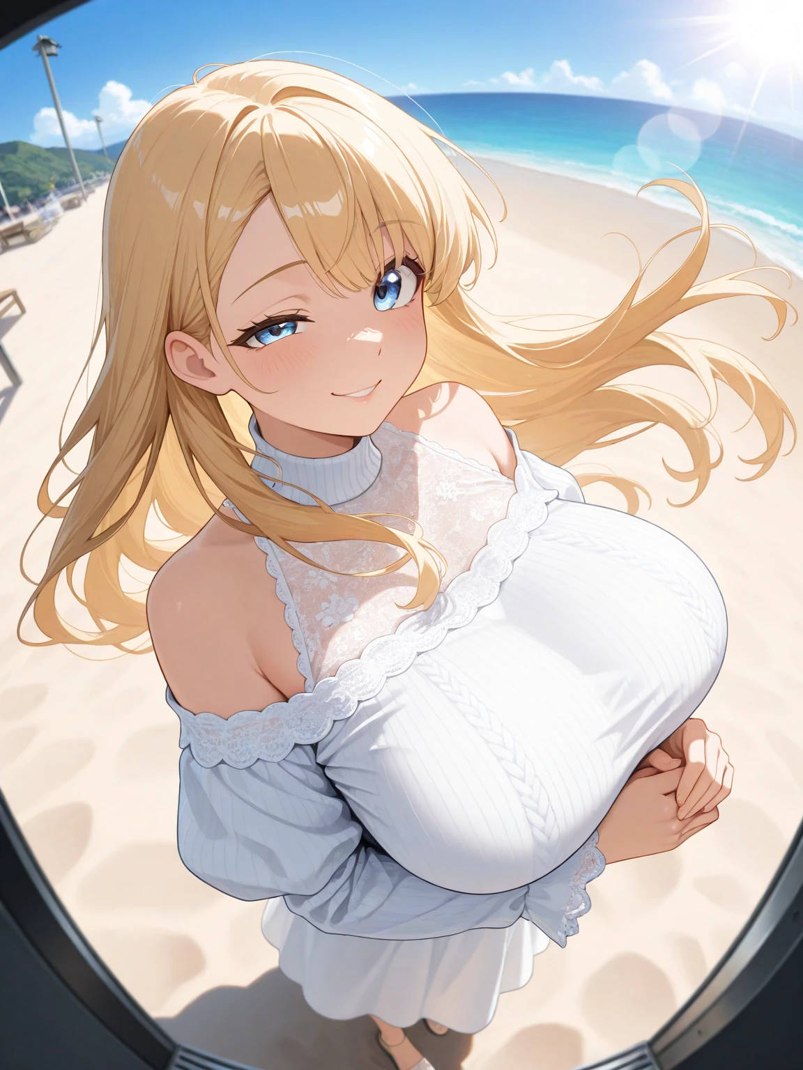 masterpiece, best quality,<lyco:short stack:1.0>,1girl, bangs, blonde hair, blue eyes, blush, gigantic breasts, dress, flower, hair ornament, large breasts, long sleeves, looking at viewer, outdoors, skirt, smile, solo, thighs, water, white footwear, fantasy background