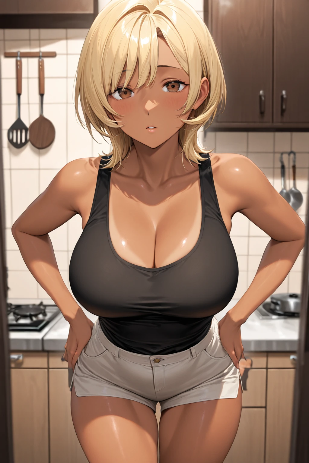 tall body, tall, long legs, mature female, mature, adult, Shokugeki_Ikumi, 1girl, breasts, blonde hair, solo, green eyes, dark skin, dark-skinned female, short hair, shorts, sweat, navel, large breasts, ahoge, cleavage, white bra, hand on hip, short shorts, midriff, looking at viewer, denim shorts, denim, kitchen, indoors, crop top, stove, open fly, cowboy shot, window, blue panties, huge breasts, bare shoulders, collarbone, holding, hair between eyes, closed mouth, cooking, unbuttoned, standing, tan