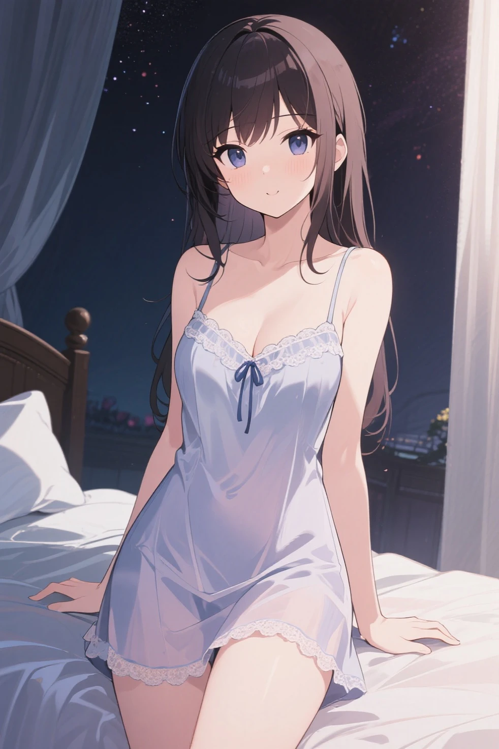 (Cute older sister:1.3)、((Very detailed))、night、Bedroom、On the bed、、Going to bed、Shining night sky、((1 person)),,White camisole