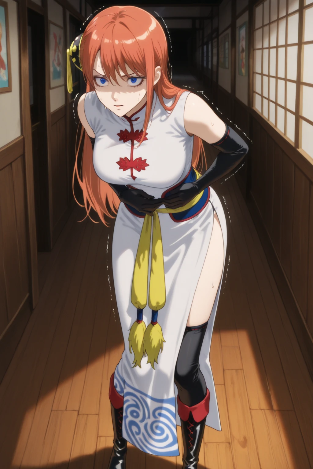 Anatomisch perfekt, NamiFinal, japanese clothes, light blue Kimono, snatched waist, high heels, Long orange hair, high quality, 4k, shibari, bound, shibari over clothes, (Arms behind Back:1.6), Arms bound, bondage, (blushing:1.6), (Standing in a bedroom:1.6), (full body:1.7), Standing, verlegener Gesichtsausdruck