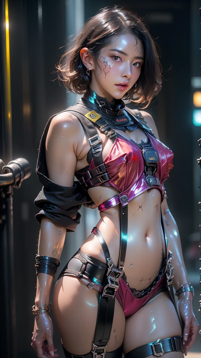 1 girl. best quality, (realistic photo:2), (raw photo:2) high heels, pin heels, thin waist, full body, (breasts out:1.5), (show pussy:1.5), (small breasts:2), small ass, (skinny thighs:1.5), platinum pink hair, short hair, detailed face, detailed eyes. In the neon-lit night city, standing on the rooftop of a high-rise building, around 18 years old, she was wearing a power suit rich with mechanical details. The power suit was designed with advanced technology, featuring intricate mechanical parts on her arms and legs, and a glowing emblem on her chest.
