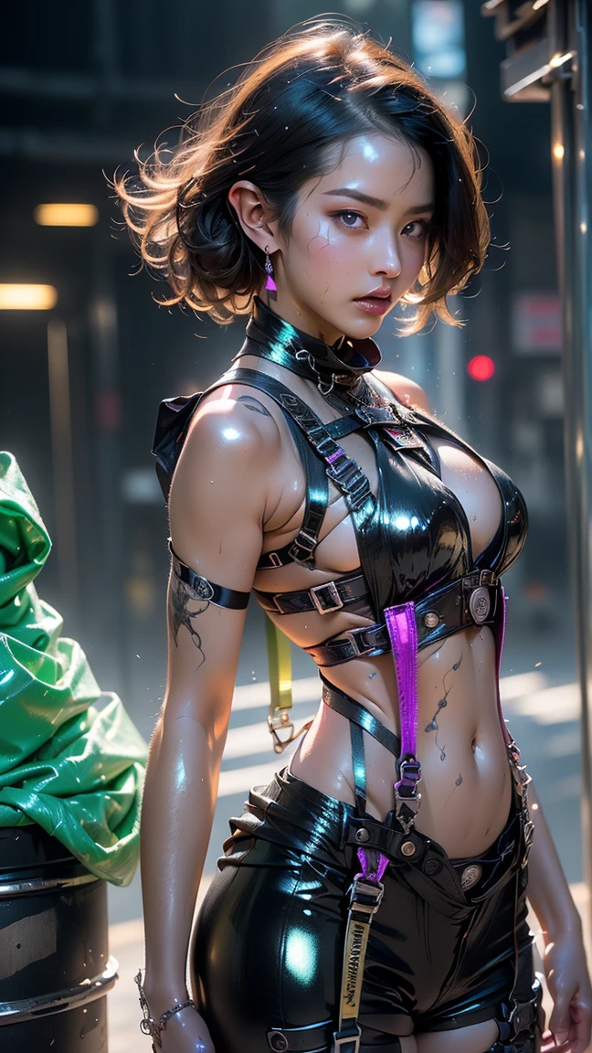 Divide Ratio : 1,1,1 Base Ratio: Ultra-realistic movie master pie with ultra-detailed primetime portraits, (最high quality, 8k, table top, Ultra HD),masterpiece,最high quality,high quality,High resolution,perfect dynamic composition:1.2,beauty(mixed girl)(madison ivy:0.45)(jessica alba:0.25)(Ariana Grande:0.25) in of a (1girl:1.3 22-year-old),(photo realistic),(Hyper realistic),((Fujicolor,daytime soft lighting),fashion supermodel,((best high quality real texture skin)),(Highly quality texture hair),((short curly hair((slicked to the two side))Intricately detailed:1.28)),(perfect proportions),(anatomically correct),(perfect female body),((firm normal full breasts:1.3)),slim face,beautiful cheekbones,((slim,swell-muscled body)),(Super beautiful face),(realistic face),(highly detailed face),absurd,(Intricately detailed eyes),(tired and sleepy and satisfied:0.0),a woman's eye with a digital rendering,realistic eyes,perfect round eyes,finely detailed pupils,BREAK(brown_eyes),detailed lips,red_lipstick),pink_makeup,(Detailed nose),Wear an off-the-shoulder top, full bodyesbian,(dark shot:1.05),((Intricately detailed ((lace-up)) pleated modest leather BDSM costume:1.33)),((girl lies on the bench, spreads her legs: 1.4)),((position in the letters M)),((show panties: 1.3)),dynamic pose,((shot above the knee)),look at the viewer,(Erotic:1.4),((city night),(neon sign),(night), walking),On the street