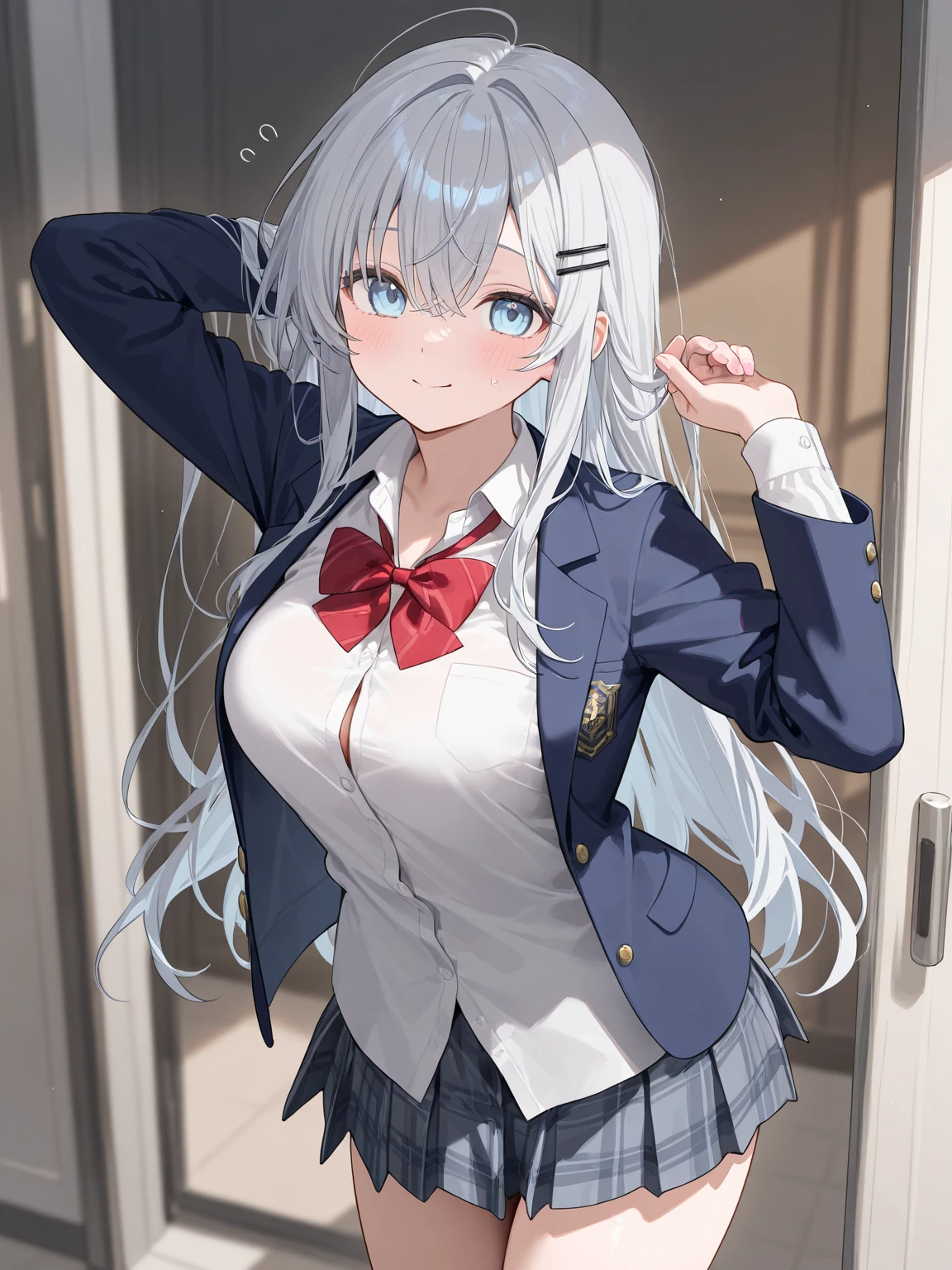 (8K, Best Quality, Masterpiece:1.3)), Ultra High Resolution, (1 Girl, 1 Person), (Color Changing Eyes, Super Detailed, Expressive Sparkle, Sparkling, Glowing Eyes), Highly Detailed Eyes, Highly Detailed Face, Random Hair, (Silver Gray Color), "Woman wearing a blazer with a low neckline." The background is a school hallway, with light coming in through the windows brightly lighting up the entire hallway. It is after school, and the hallway is quiet. The woman is captured from an angle above, with her silver hair tied in twin tails.

She is wearing a navy blue blazer with a low neckline. The V-shaped cut of the blazer emphasizes her chest, and a cute yellow bra can be seen underneath. The bra has a small floral design, and the fabric of the blazer fits her body. The skirt of the uniform is above the knees, and the front of the blazer seems to be slightly open.

She has a relaxed smile on her face, with a slight blush on her face. Her figure blends in with the tranquil atmosphere of the hallway, and the lighting in the background adds a soft glow to the whole image.