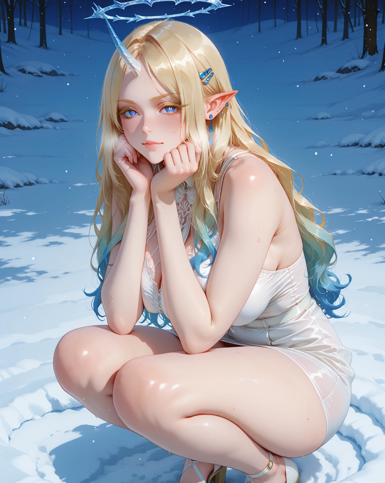 ice, aurora, (portrait), (adult woman), (1girl, solo), (nude, completely nude), ((pussy, vagina)), ((small breasts)), ((muscular)), abs, (medium hair), (blue eyes), (sensual, seductive), freckles, pale skin, detailed skin, ((landscape, castle)), ((night:1.2)), (best quality, high detail), ((masterpiece)), <lora:Cha - Anna v2.2:1> , (anna of arendelle),