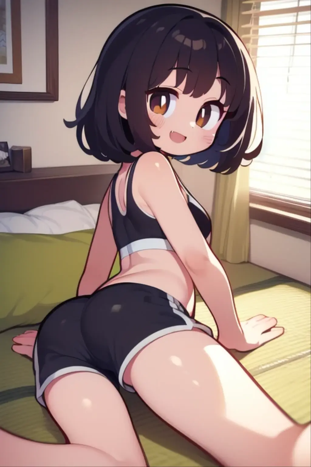 black hair, female, twin drills, solo, smol, pink eyes, massive breasts, oppai loli, very long hair, wear open cut black tight tank top and massive diaper, crawl on all fours inside room, masterpiece, ultra high quality