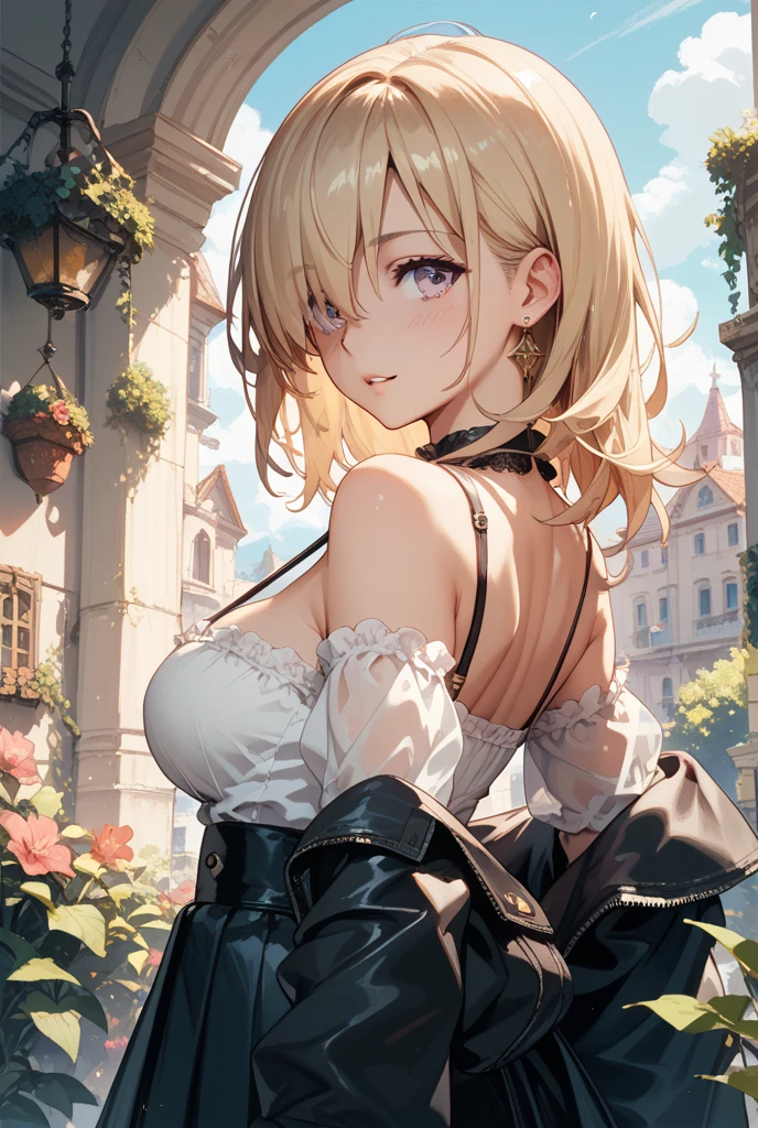 masterpiece, absurdres, best quality, ultra detailed, high Resolution, detailed illustration, extremely beautiful detailed face and eyes, Delicate beautiful face, bright colour, 1girl, cute face, magenta eyes, sparkling eyes, big eyes, medium breasts, (perky breasts:1.1), (pointy breasts:1.1), medium hips, glamorous body, white skin, happy, BREAK, long bob cut, (blonde hair:0.8), messy hair, detailed hair, shiny hair, BREAK cardigan, tiny ribbon, perfect lighting, outdoor, from below,