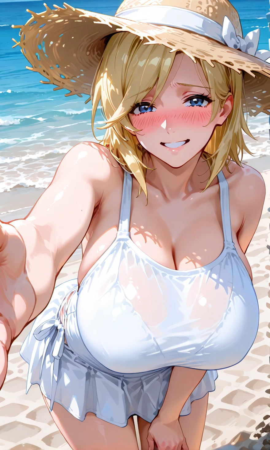 ((Best Quality)), ((Masterpiece)), (detailed), 1 girl, Pastel yellow hair, wide, hair covers one eye, purple eyes, tight, big breasts, big thighs, expression smiling shy, Swimsuit, on the beach, sitting on the shore on the sand