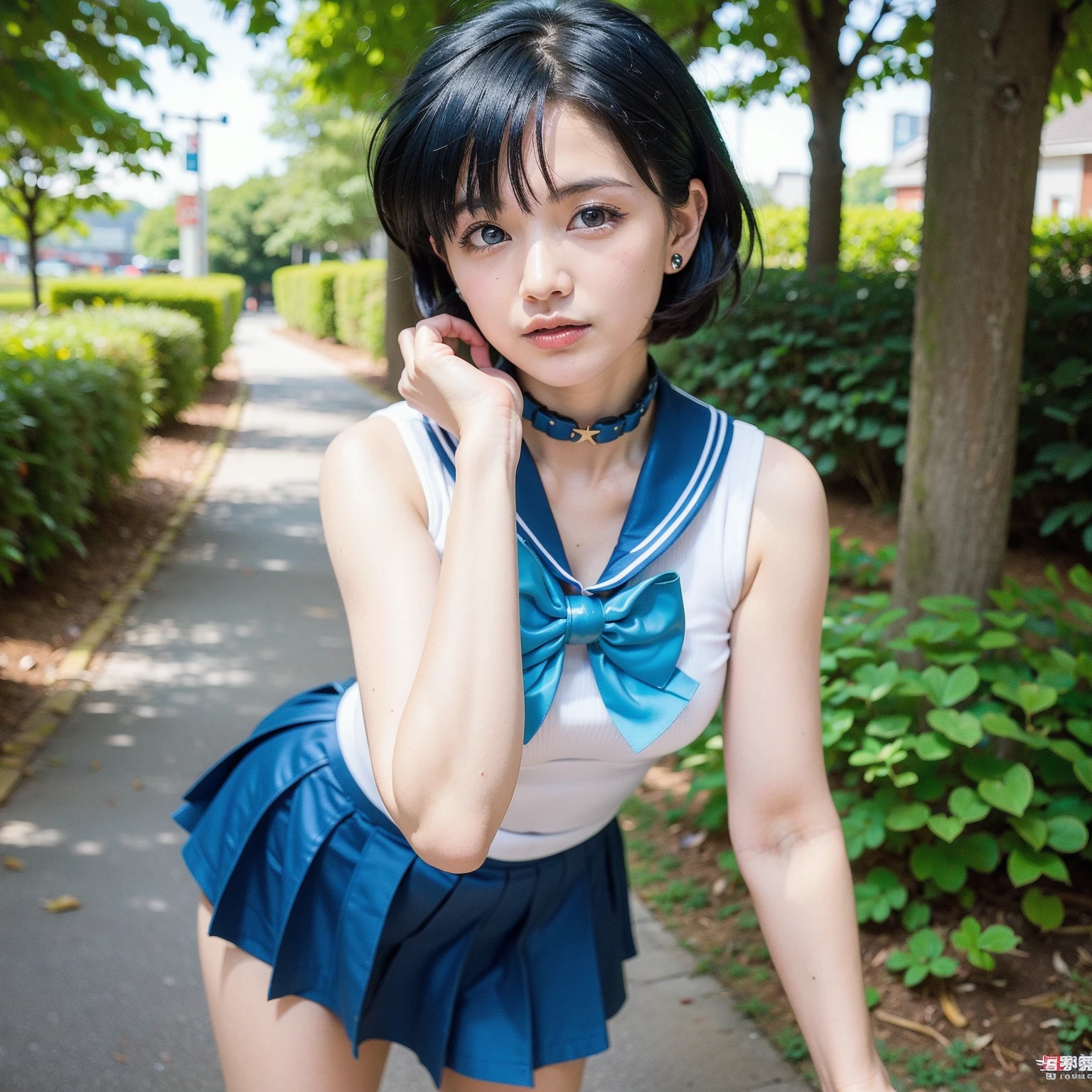 8k, Japanese, middle school girl, solo, age 14 ,Sailor Mercury, A transparent under cosplay, skirt, blue short hair, arms,Wet legs,Face, pose, Highest quality, spread legs, smile, nsfw, masturbation, vibrator, pussy juice, touch pussy