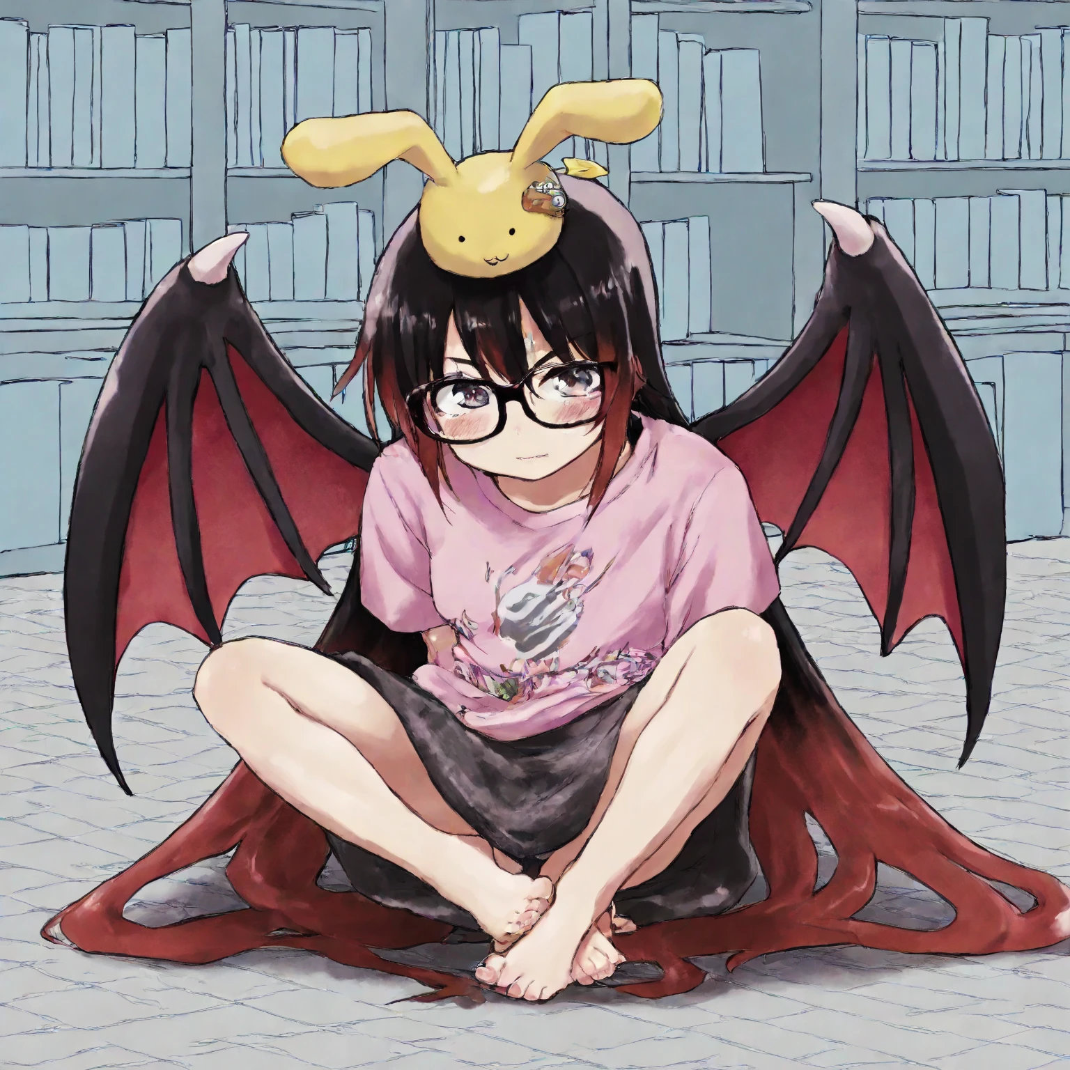 A ventriloquist's dummy with a long nose, pale face, big smile, slightly spiky black hair, wearing a pair of pink and yellow glasses, black and pink armor, triangle-shaped core in the center of the chest, large cardboard wings, suspended from the air, with wires holding him, Large stature, Cannon on the left arm, White high heels, Very eccentric and petty personality, greedy, rollercoaster environment