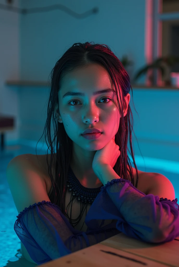 Top Quality, Masterpiece, High Resolution, 8k, (cute skinny barely legal girl ((((in oversized loose shiny puffer crop shirt with deep cleavage, deep neckline)))) and wetlook leggings, ((small perky breasts)), beautiful detailed eyes, beautiful detailed lips, small closed mouth, extremely detailed face, tanned skin, long slick ponytail hair, small hips, some tattoos, very young girl, teenage girl), (((in cyberpunk apartment, random pose next to a couch))), moody atmosphere, random dramatic and neon colors, futuristic setting, intricate details, at night, backlit, full body shot