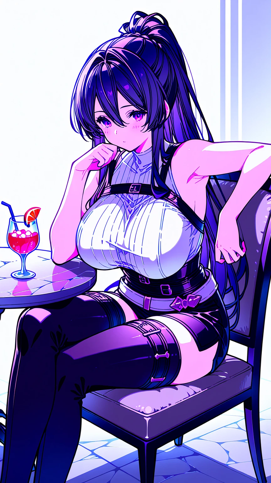 -cacao, 1girl, breasts, tongue piercing, piercing, cleavage, tongue, solo, black hair, fishnet thighhighs, tongue out, sitting, purple eyes, can, thighhighs, jewelry, looking at viewer, bangs, long hair, skirt, ear piercing, fishnets, large breasts, black skirt, cigarette, holding, drinking straw, holding cigarette, bare shoulders, blush, earrings, bench, harness, outdoors, holding can, shirt, collarbone, single thighhigh, black nails, garter straps, detached sleeves, chain, ring, mole, nail polish, o-ring, smoke<lora:cacao-000018:0.8>,