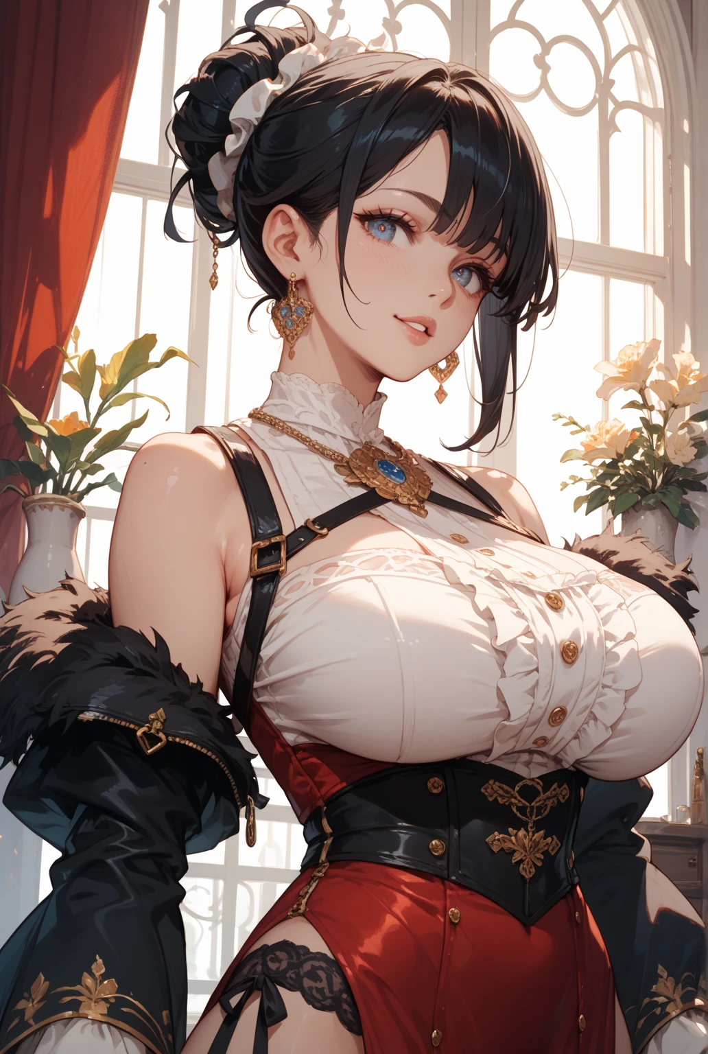 absurdres, RAW photo, extremely delicate and beautiful, masterpiece, Best Quality, ultra high resolution, 32k, hyperrealistic, ultra-detailed, detailed description, pale skin, 20 years old, tearful mole, earring, Colossal tits, short medium hair, wavy hair, Practical pirate clothing, Long-sleeved pirate top, Skirt,