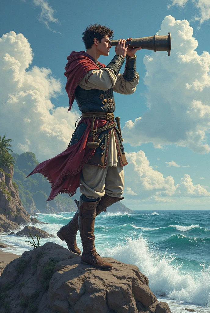 back view water dwarf in the river with medieval adventurer outfit hood